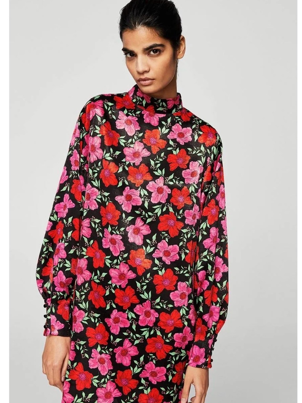 Mango Black Floral Tunic with Pink & Red Blooms